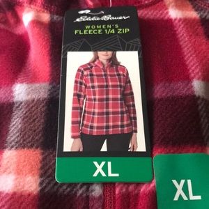 NWT Eddie Bauer Red White Black Plaid Fleece 1/4 Zip Pullover Size XL (Sku A)